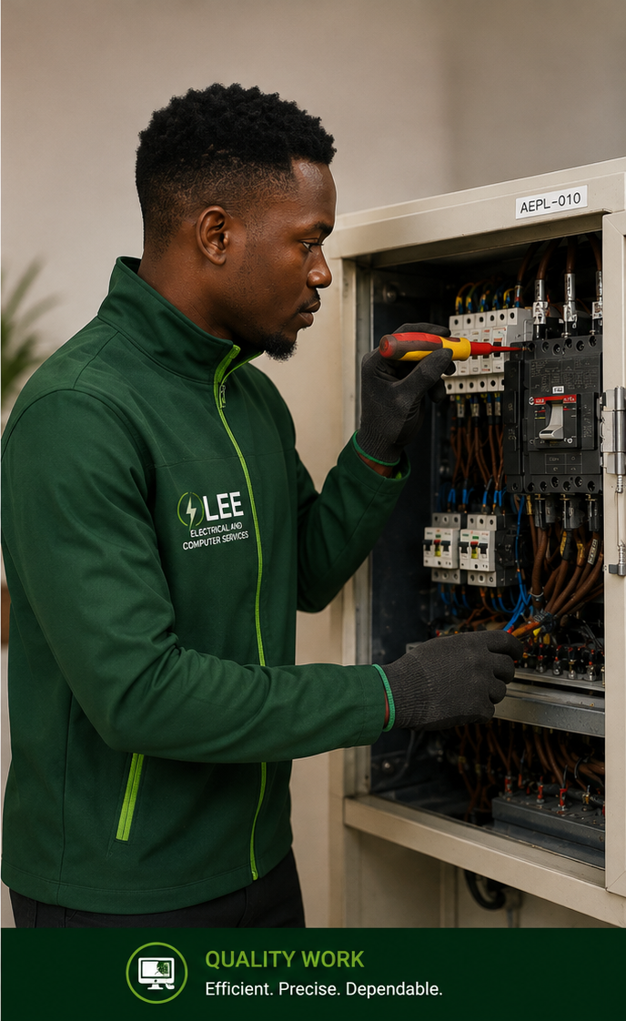 LEE electrician servicing a distribution board with an insulated screwdriver