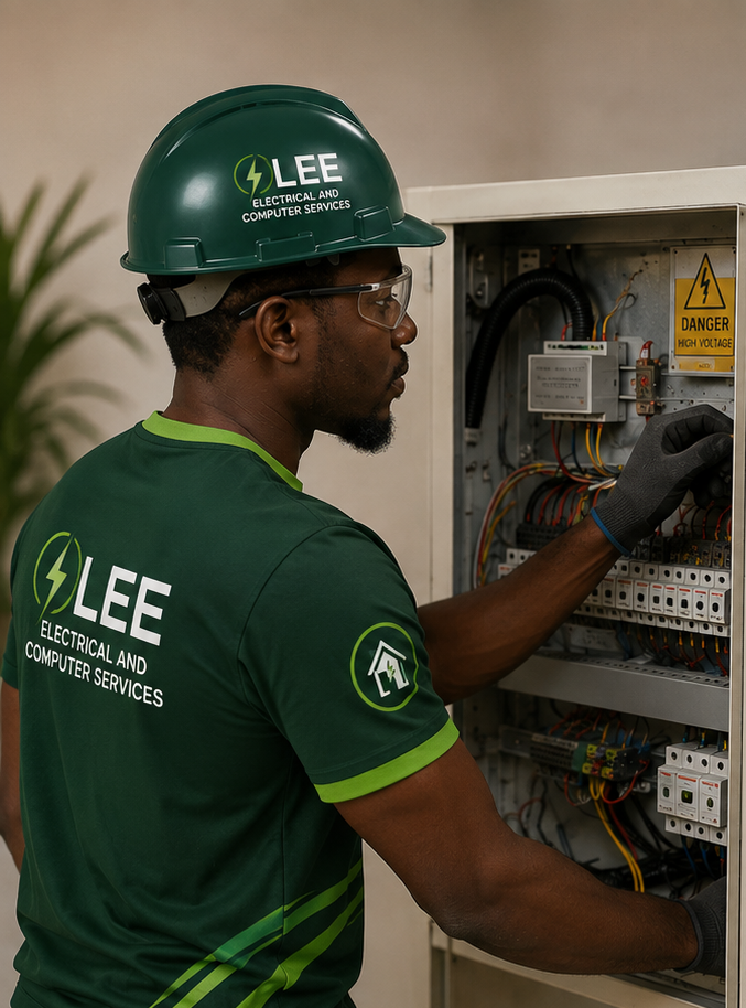 LEE technician in uniform working on an electrical distribution board